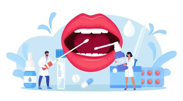 Vector illustration of Otolaryngology. ENT treating diseases throat and neck. Otolaryngologist examines patient. Doctor prescribes medications for girl with sore throat. Inflamed tonsils, bacterial and viral infection