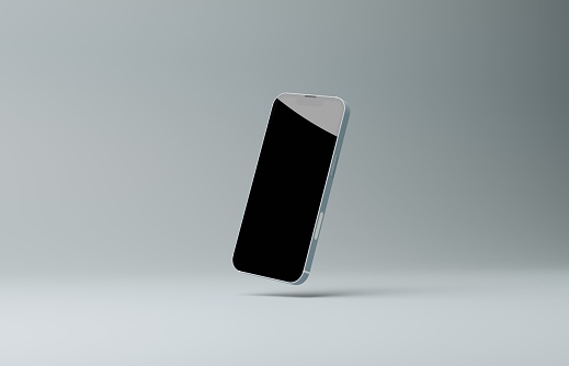 Glass smartphone on pastel grey background. Modern mobile device. 3d illustration. Technology, Render. Mobile phone for presentation, banner, business advertisement