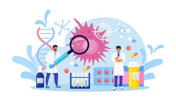 illustrazioni stock, clip art, cartoni animati e icone di tendenza di piccoli medici oncologi diagnosticano la malattia del cancro. visita oncologica, controllo e screening bioptico interno per la diagnostica del paziente. chemioterapia, biopsia, terapia, rimozione del tumore - oncologo