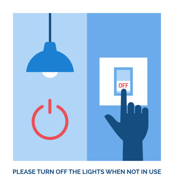 사용하지 않을 때는 조명을 끄십시오. - switch light switch electricity human hand stock illustrations