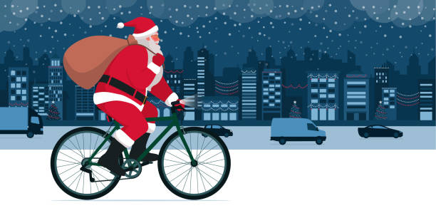 illustrations, cliparts, dessins animés et icônes de père noël à vélo et portant un sac - père noel à vélo
