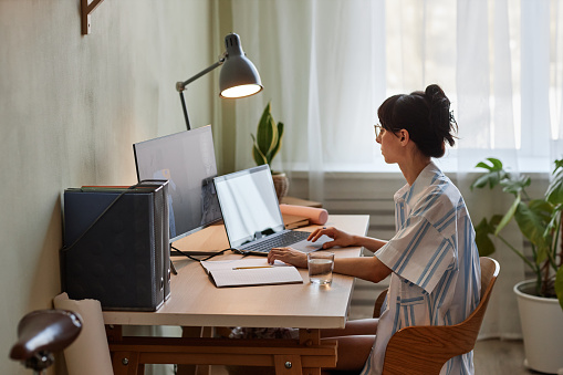 Side view portrait of young woman using laptop while working or studying at cozy home office workplace with dim lights