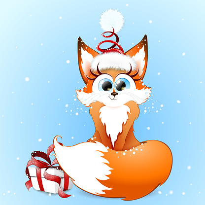 Cute fluffy ginger cartoon fox girl sitting under snowfall in Santa hat and with Christmas gift box.