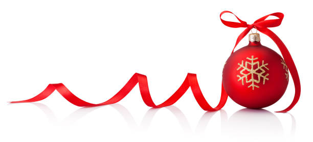 istock Christmas decoration red bauble with ribbon bow isolated on white background 1440818534