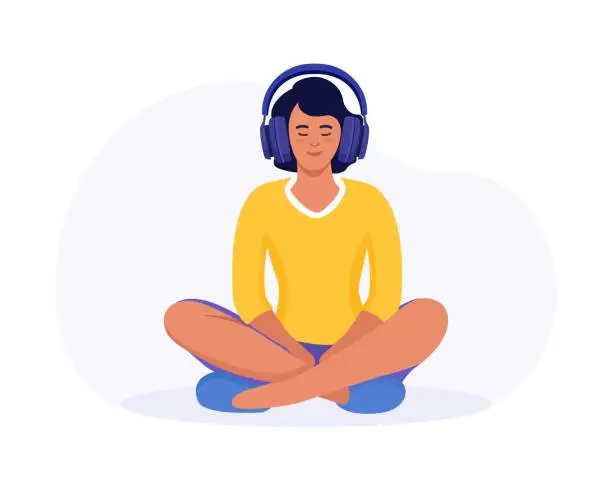 Vector illustration of Woman meditating in the Lotus position. Girl with headphones practising guided meditation. Podcast. Online training, radio. Character with headphone listens  music and enjoys songs in earphones