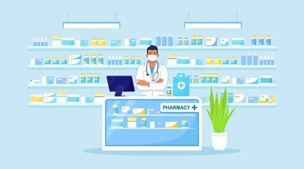 Vector illustration of Doctor pharmacist standing behind the counter in the pharmacy. Drugstore interior. Pharmaceutical Industry