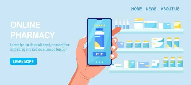 Vector illustration of Human hand holding mobile phone for medicine online payment. Online pharmacy shopping. Medical assistance, health care concept