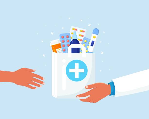 Courier hands in disposable gloves hold paper bag with pills bottle, medicines, drugs, thermometer inside. Pharmacist give purchase to customer. Home delivery pharmacy service vector art illustration