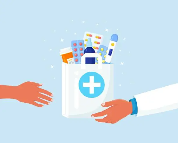 Vector illustration of Courier hands in disposable gloves hold paper bag with pills bottle, medicines, drugs, thermometer inside. Pharmacist give purchase to customer. Home delivery pharmacy service