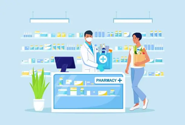 Vector illustration of Doctor Pharmacist Consulting Patient in Pharmacy Store. Man in Drugstore with Paper Bag with Medicines, Drugs, Pills and Bottles inside. Pharmaceutical Industry. Customer Standing near Cashier Desk