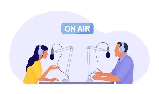 Vector illustration of Radio host interviewing guests on radio station. Man and woman in headphones talking to microphones recording podcast in studio. Mass media broadcasting