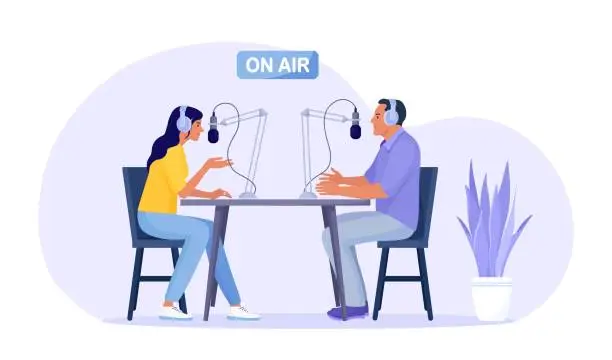 Vector illustration of Radio host interviewing guests on radio station. Man and woman in headphones talking to microphones recording podcast in studio. Mass media broadcasting