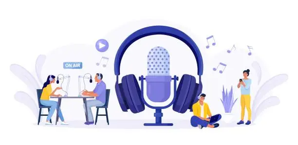 Vector illustration of People recording podcast in radio studio. Female radio host interviewing guest with microphone. Man and woman in headphones talking. Mass media broadcasting. People listening music in headset