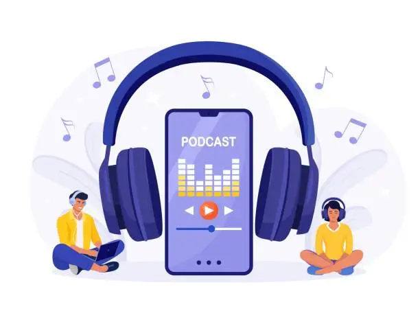 Vector illustration of Young people in headphones sitting on the floor and listening to podcast on a smartphone. Online podcasting show, radio. People listening speakers from broadcasting station. Webinar, internet training