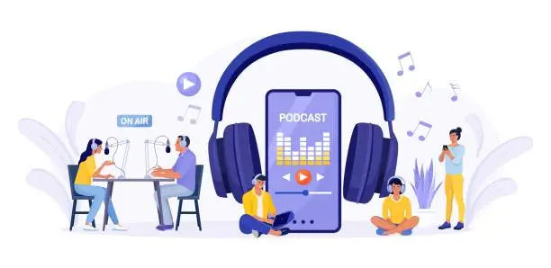 Vector illustration of Radio hosts recording podcast in studio with microphone, headphones.Men and women with smartphones studying, listen to podcasts. Podcasting, online radio or interview concept. Webinar, online training