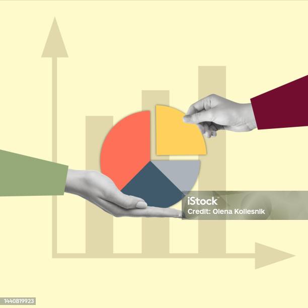 Art Collage With Hands And Diagrams Graphic Stock Photo - Download Image Now - Sharing, Making Money, Strategy