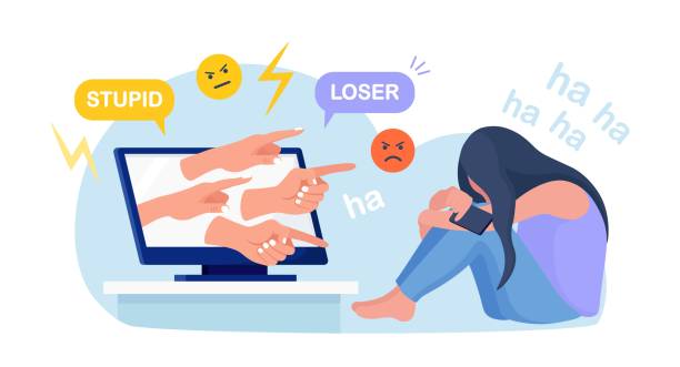 ilustrações de stock, clip art, desenhos animados e ícones de cyber bullying. sad teenage girl sitting in front of computer with dislike in social media, mockery. depressed young woman after insult, swear, verbal abuse in internet. depression, stress concept - mockery