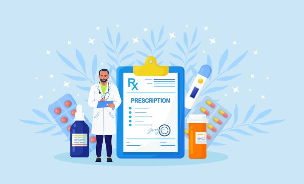 ilustraciones, imágenes clip art, dibujos animados e iconos de stock de formulario de prescripción médica rx para medicamentos, frasco de píldoras, ampollas con cápsulas. farmacéutico sostener portapapeles para presentar recibo, receta al paciente. farmacología, industria farmacéutica - note pad medicine healthcare and medicine pharmacy