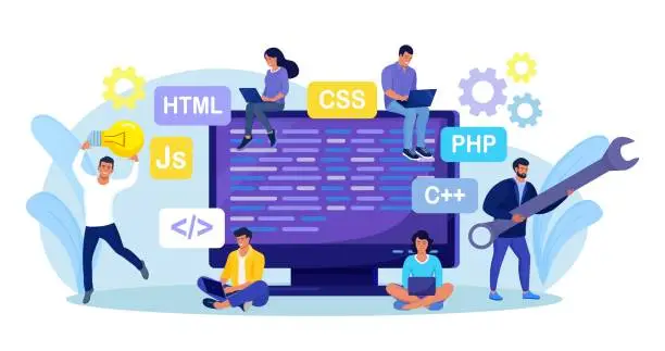 Vector illustration of Developing programming and coding technologies and engineering development. Programmer or developer create code. Computer screen with codes. Developer work with task, coding software using pc