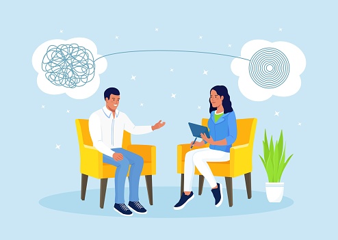 Psychologist woman and man patient in psychology therapy session. Treatment of stress, addictions and mental problems. Psychotherapy practice, psychological help, psychiatrist consulting