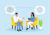 Psychologist woman and man patient in psychology therapy session. Treatment of stress, addictions and mental problems. Psychotherapy practice, psychological help, psychiatrist consulting