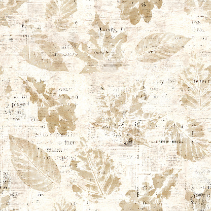 Newspaper paper grunge aged newsprint with autumn abstract leaf sepia watercolor traces seamless pattern background. Vintage old newspapers with leaves template. Print for textile, wallpaper, wrapping