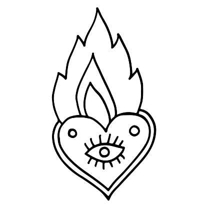 Flaming heart with eye. Alchemy doodle art. Witchcraft black and white line art. Occult symbols sketch drawing. Vector artwork.