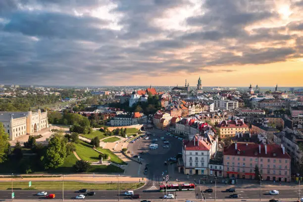 Beautiful panoramic skyline cityscape of Lublin, Lesser Poland. Aerial view of the old town at sunset