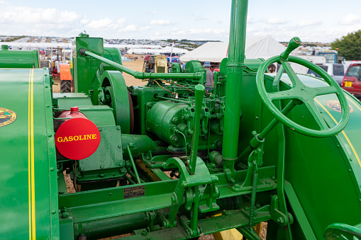 Tarrant Hinton.Dorset.United Kingdom.August 25th 2022.Close up of the controls on a  restored Waterloo Boy model N tractor is on display at the Great Dorset Steam Fair