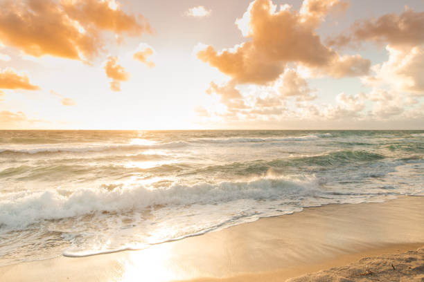 lever de soleil doré sur le palm beach, en floride en novembre 2022 - beach florida atlantic ocean wave photos et images de collection