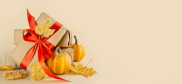 Autumn composition. Gift boxes, fresh pumpkins with autumn leaves on a light background. Autumn, Halloween, thanksgiving day concept. Flat lay, side view, copy space. Banner.