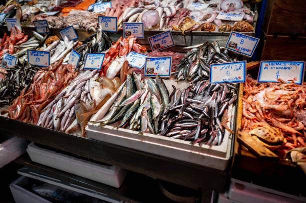 Seafood, fish, mollusc and shrimp at fish market in Heraklion. stock photo