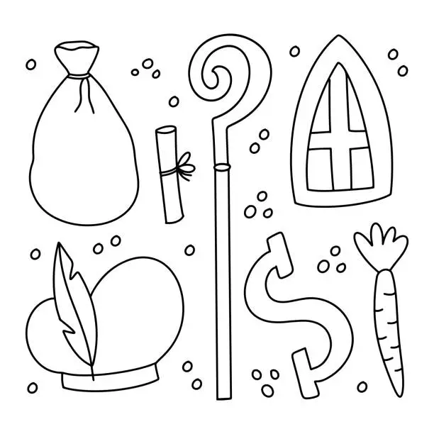 Vector illustration of Saint Nicholas of Sinterklaas doodle outline clip art set. St Nick attributes - hat, staff, Zwarte Piet hat, letter S, carrot and cookies. Simple hand drawn contour drawing, outline doodle collection