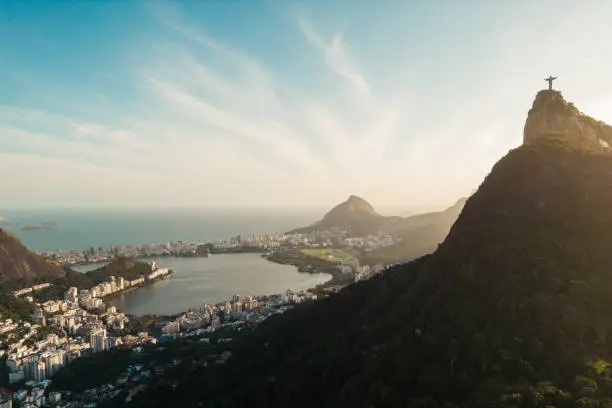 Aerial View of Lagoa Neighborhood and Corcovado Mountain in Rio de Janeiro, Brazil.