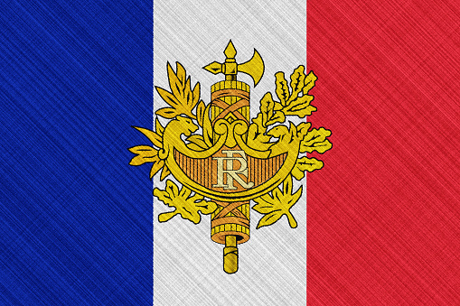 Flag and coat of arms of France on a textured background. Concept collage.