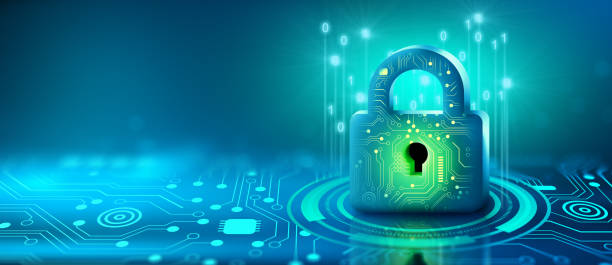 istock Padlock with Keyhole in data security on circuit. Modern safety digital Concept 1440837198