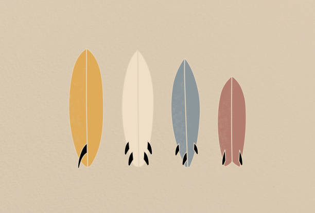 Vintage Old-school Retro Style Surfboards on beige background Surf art, flat design pastel retro colour illustration surfboard stock illustrations