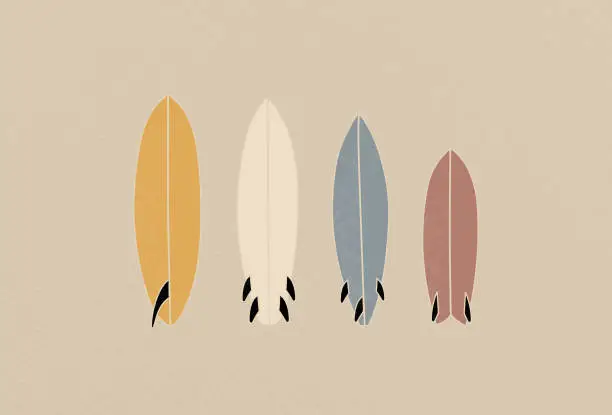 Vector illustration of Vintage Old-school Retro Style Surfboards on beige background