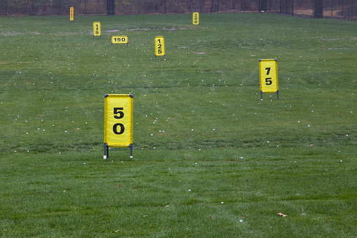 Golf driving range markers and golf balls on a grass field.