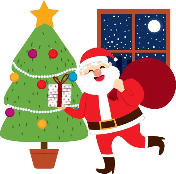 Vector illustration of Santa Claus Bringing Gifts Tree