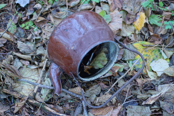 one old brown dirty enameled metal kettle lies on the ground and dry fallen leaves in nature