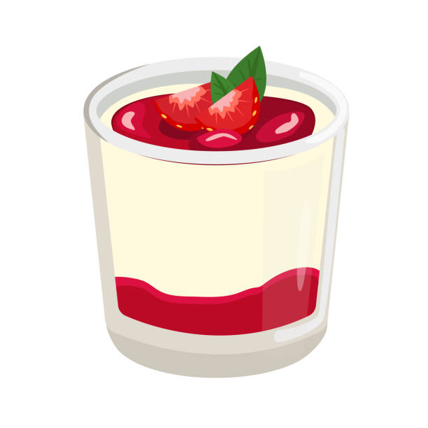 ilustrações de stock, clip art, desenhos animados e ícones de dessert panna cotta in a glass with strawberries. vector illustration in cartoon style. - creme cozinhado