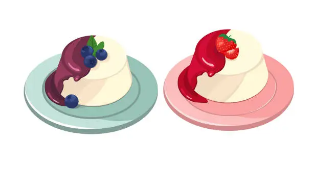 Vector illustration of Panna cotta dessert set with strawberries and blueberries. Vector illustration,