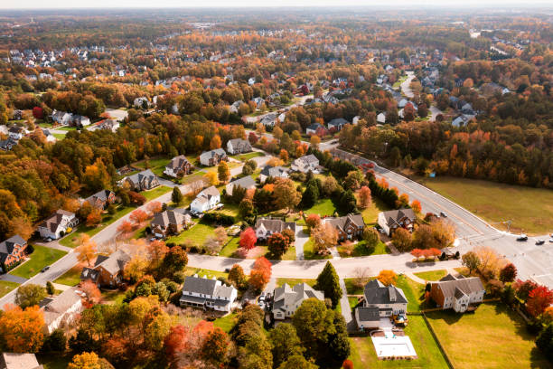 vista aérea de la expansión suburbana - woods forest tree tree area fotografías e imágenes de stock