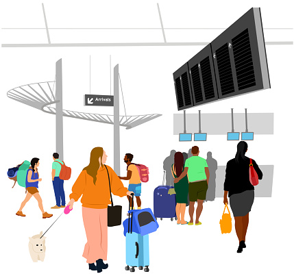 Airport terminal crowd of people with international travellers.  Flat design illustration