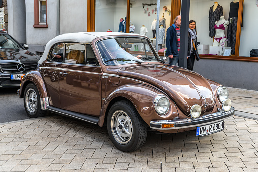 Row of vintage Volkswagen Type 1 Beetle in classic car meeting Battesimo dell'aria, on November 4, 2018 in Lugo, RA, Italy