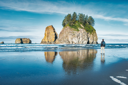 Hiker enjoys view with sea stacks in La Push, Olympic National Park, Washington state, USA.