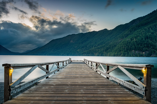 Jetty at Lake Crescent in Olympic National Park, Washington, USA at twilight blue hour.