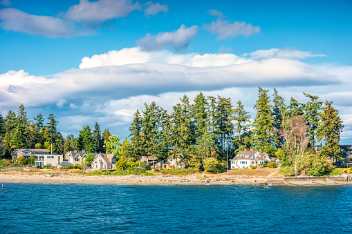 Waterfront houses on Bainbridge Island, Puget Sound, Washington USA