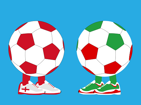 England football and Iran football with sneakers (colors of national flag) face one another. (Each football, each leg and each sneaker is on a separate layer).